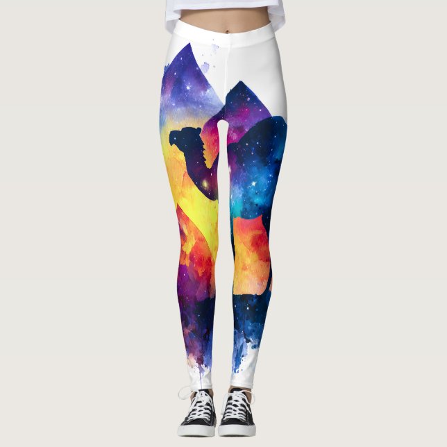Cosmic Starry Night Egyptian Camel Landschaft Leggings (Vorderseite)