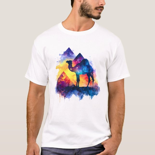 Cosmic Starry Night Egyptian Camel Landschaft T-Shirt (Vorderseite)
