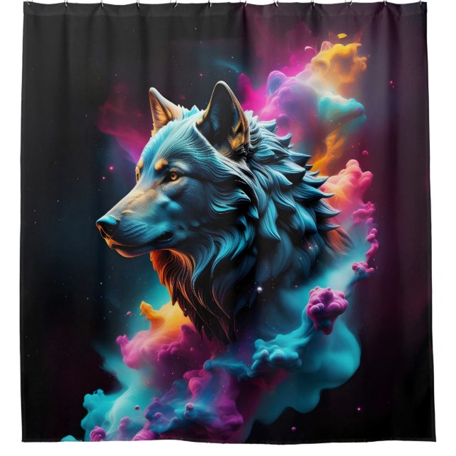 Cosmic Surreal Fantasy Wolf Paint Abstrakt Art Duschvorhang (Vorderseite)