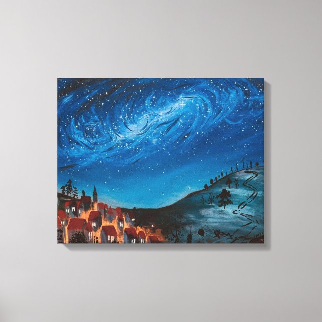 Cosmic Swirl über Village Night Leinwand Art (Vorderseite)