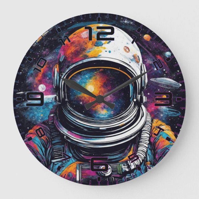Cosmic Voyager Astronaut Nebula Wall Clock Große Wanduhr (Vorderseite)
