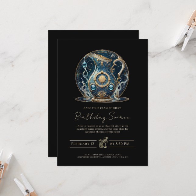 Cosmic Water Bearer Star Schild Black Gold Aquariu Einladung (Vorderseite/Rückseite Beispiel)