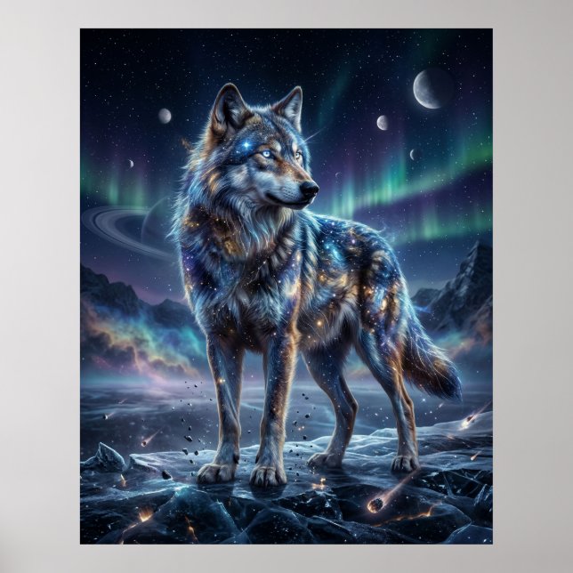 Cosmic Wolf Under Aurora Sky Poster (Vorne)
