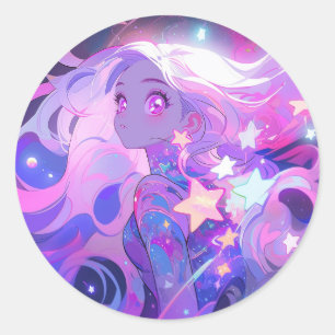 Cosmisches Rosa und Lila Anime-Girl Runder Aufkleber