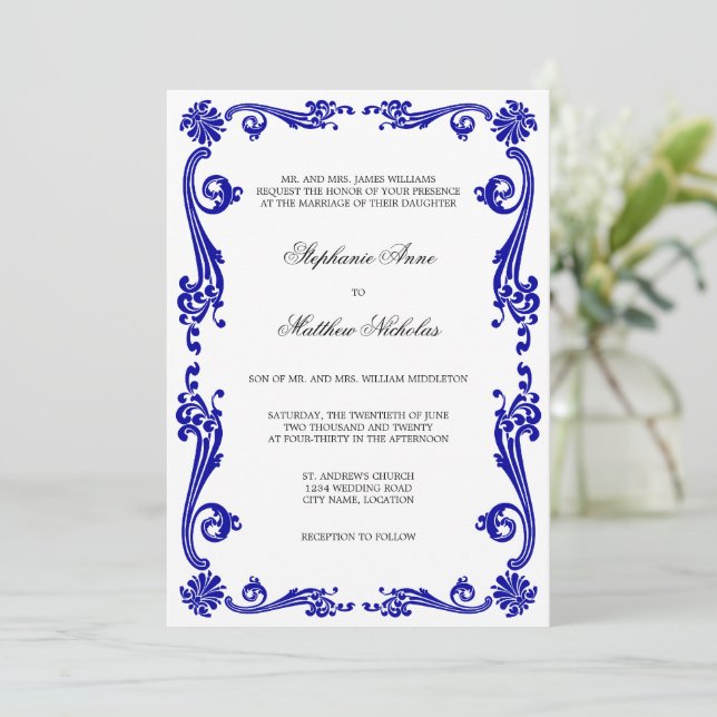 Cosmopolitan Royal Blue Blühe Wirbel Hochzeit Einladung (Stehend Vorderseite)