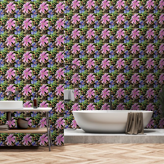 Cosmos-Blume Rosa und Blau auf Schwarz Tapete (Badezimmer)