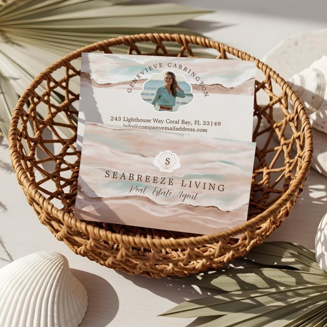 Costa Beach Seaside Properties Foto Real Anwesen Visitenkarte (Watercolor Costal Beach Shoreline Real Estate Business Card)