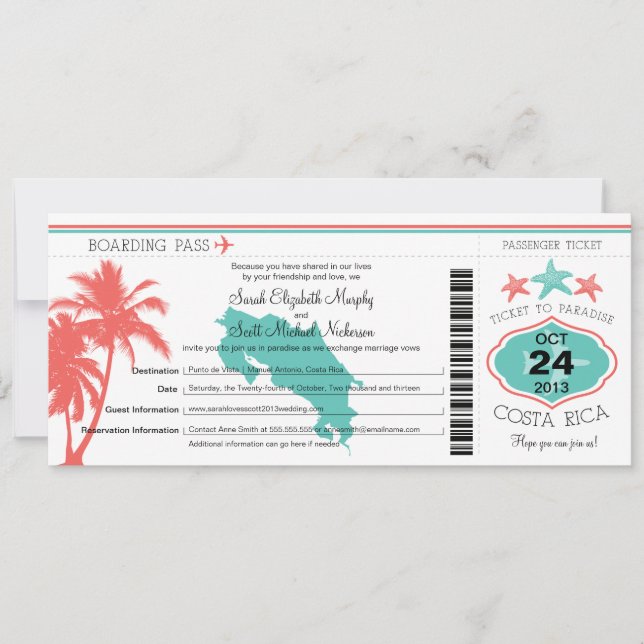 Costa Rica Boarding Pass Wedding Einladung (Vorderseite)