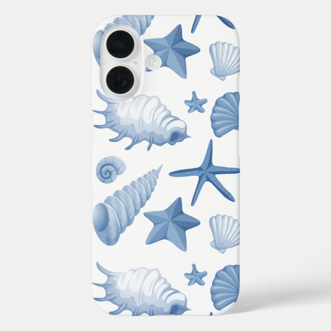 Costal blue seashells pattern iPhone 16 hülle (Rückseite)
