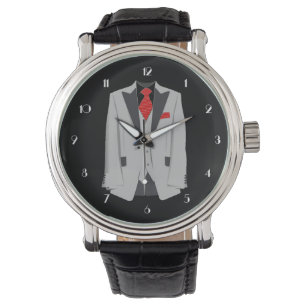 Costume gris homme et montre à poignet Cravate rou