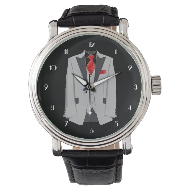 Costume gris homme et montre à poignet Cravate rou (devant)