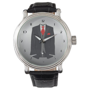 Costume noir homme et montre à poignet Cravate rou