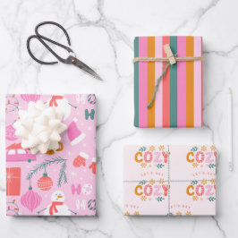 Cosy Bright Pink Snowman Weihnachten Geschenkpapier Set