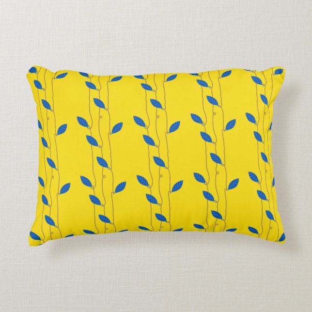 Cosy Bright Yellow Blue Blätter Cotton Dekokissen (Vorderseite)