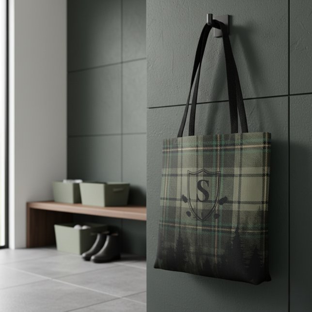 Cosy Cabin Kariert Pine Tree Silhouetten Monogramm Tasche (Von Creator hochgeladen)