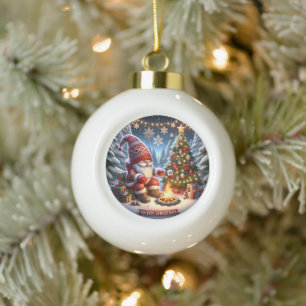 Cosy Campfire Gnome" - Festliche Weihnachten Keramik Kugel-Ornament