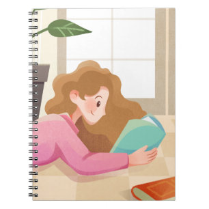 Cosy Cartoon Girl Reading Notebook Cover Notizblock