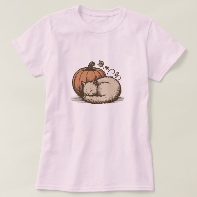 Cosy Cat and Pumpkin - Autumn Design T-Shirt (Design vorne)