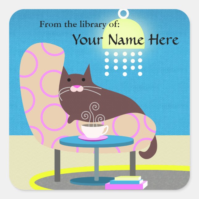 Cosy Cat, Coffe & Books Buchzeichen Quadratischer Aufkleber (Vorderseite)