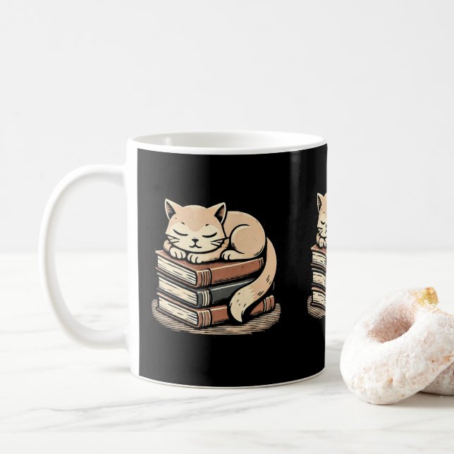 Cosy Cat On Books Lover Pet Besitzer & Cat Lovers Kaffeetasse (Mit Donut)