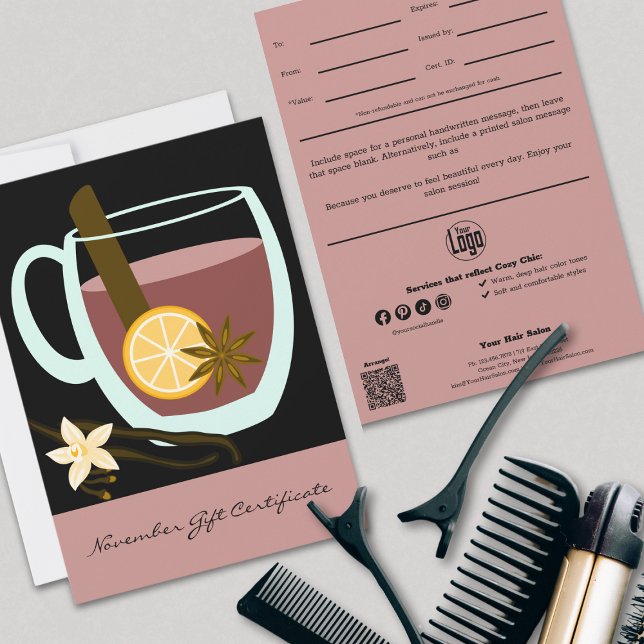 Cosy Chic Pink Black November Geschenkgutschein (Cozy Chic Pink Black November Gift Certificate, Professional Tracking, QR Code, Note)