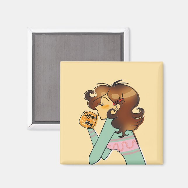 Cosy Coffee Girl Morning Illustration Magnet (Vorderseite/Rückseite)