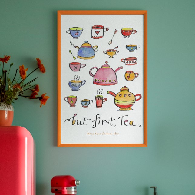 Cosy Cotgattore Tea Zitat Hand-Illustriert Boho Poster (But first, tea! This colorful hand-lettered tea print features my hand-drawn teapots and teacups.)