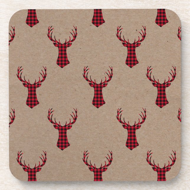 Cosy Deer Kraft Karierte Weihnachten Getränkeuntersetzer (Vorderseite)