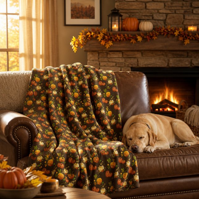 Cosy Fall Season Pumpkin Pattern auf Brown Fleecedecke (Von Creator hochgeladen)