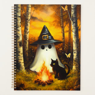 Cosy Halloween Ghost & Black Cat Campfire Art