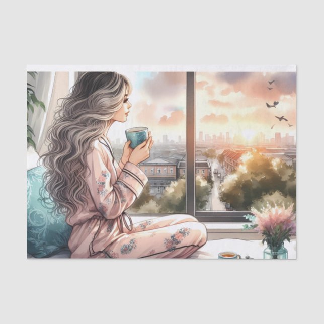 Cosy Morning Urban Girl Decoupage Print Seidenpapier (Vorderseite)