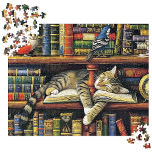 Cosy Multicolored Realistic Library Cat Scene<br><div class="desc">Dieses 500 Stück Puzzle mit dem Cosy Multicolred Realistic Library Cat Scene Artwork vereint eine schlummernde Katze, die friedlich auf einem offenen Buch ruht, umgeben von einem reichen Wandteppich klassischer Literatur und begleitet von zwei lebhaften, detaillierten Vögeln. Jedes Stück bringt die faszinierenden Details dieser Szene zum Leben und macht sie...</div>