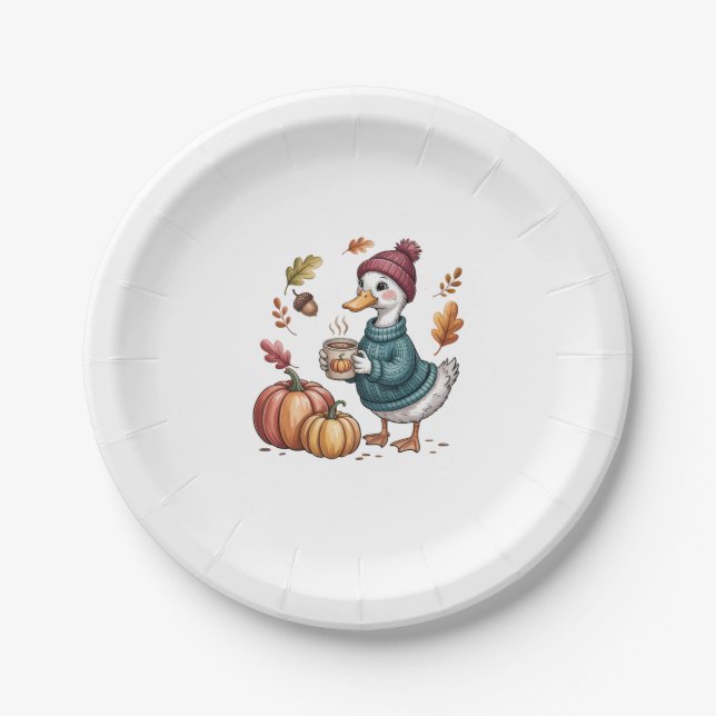 Cosy Pumpkin Coffee Goose Fall Art Pappteller (Vorderseite)