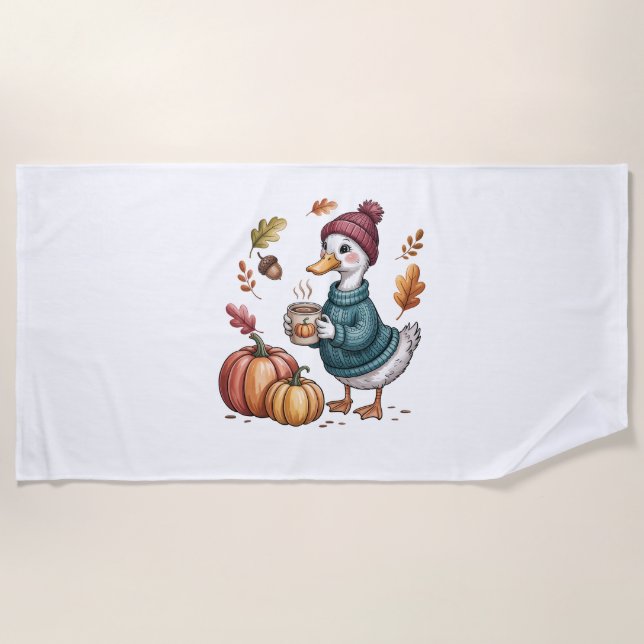 Cosy Pumpkin Coffee Goose Fall Art Strandtuch (Vorderseite)