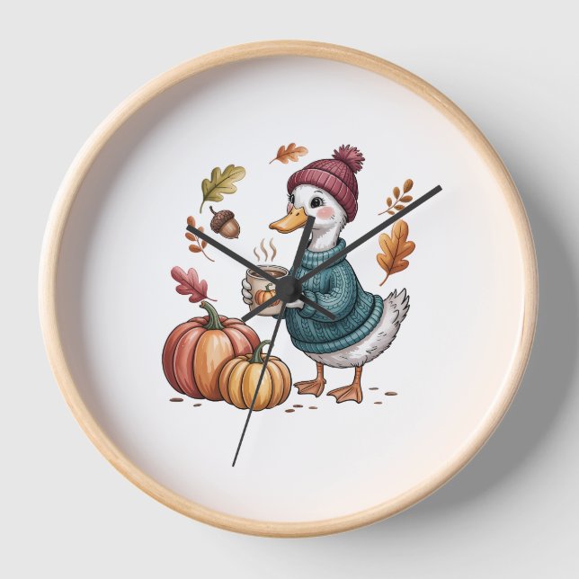 Cosy Pumpkin Coffee Goose Fall Art Uhr (Vorderseite)