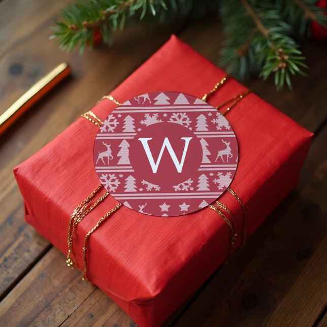 Cosy Strick Red Sweater Muster Monogram Christmas Runder Aufkleber (Cozy Knit Red Sweater Pattern Monogram Christmas Classic Round Sticker)