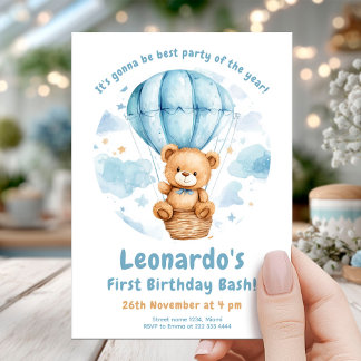 Cosy Teddy Balloon 1. Geburtstag Einladung