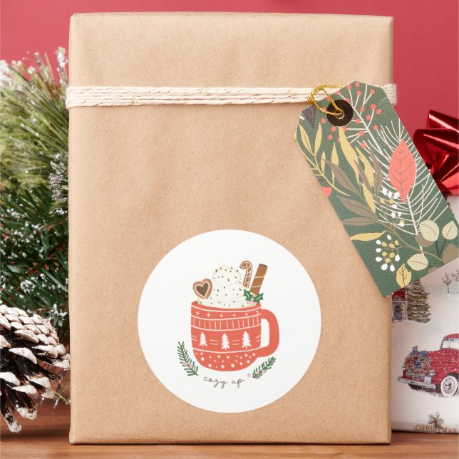 Cosy Up Hot Cococoa Tasse Weihnachten Urlaub Runder Aufkleber (Feiertag)