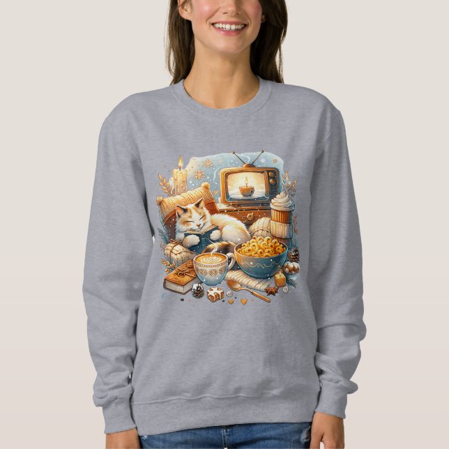Cosy Vibes only: Cat, Book, Mac & Käse, Kaffee Sweatshirt (Vorderseite)