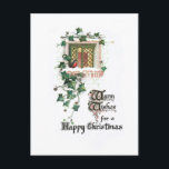 Cosy Vintage Christmas Ivy Covered Window Postkarte<br><div class="desc">Charmante antike Weihnachtskartenabbild mit gemütlichem,  glühendem Fenster,  das auf der schneebedeckten Brücke mit Efeu um sie herum sitzt. Zurück bietet ergänzende Grafiken und bearbeitbare Textfelder.</div>