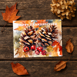 Cosy Watercolor Pine and Berry Erntedank Feiertagspostkarte
