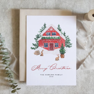 Cosy Watercolor Red Christmas Hütte Rustikal Feiertagskarte