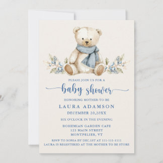 Cosy Watercolor Teddy Bear Winter Baby Dusche Einladung