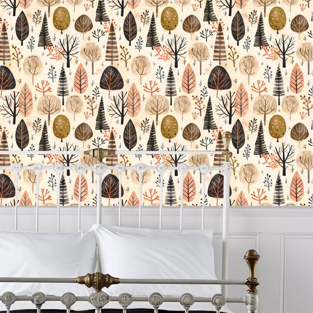 Cotattcore Funky Trees Tapete (Cottagecore Funky Trees Wallpaper behind a white metal framed bed.)