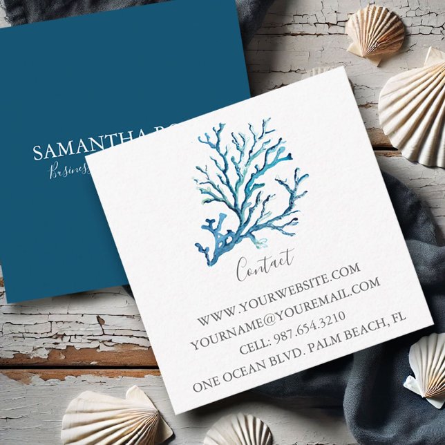 Côte Bleu Mer Coral Beach Carte de visite (Watercolor business cards sea coral art by Victoria Grigaliunas of Do Tell A Belle)