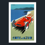 Cote d'Azur Poster<br><div class="desc">Vintage Reiseplakat für die Côte d'Azur (Côte d'Azur) im Süden Frankreichs mit einem Rennwagen,  der entlang fährt.</div>