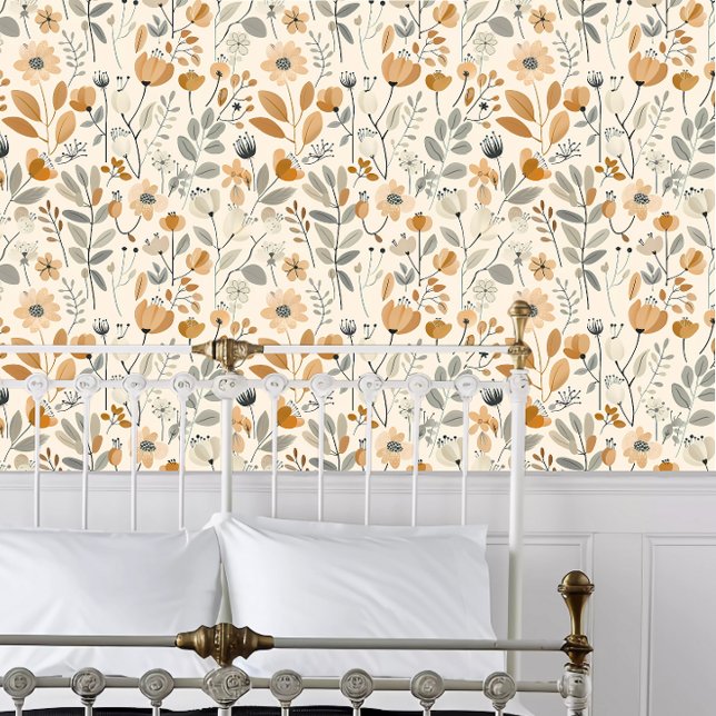 Cotgingcore Orange Blume & Gray Blätter Tapete (Cottagecore Orange Flowers & Gray Leaves Wallpaper behind a white metal bed frame. )