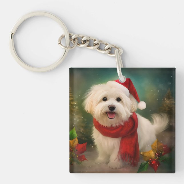 Coton De Tulear Dog in Schnee Weihnachten Schlüsselanhänger (Vorderseite)