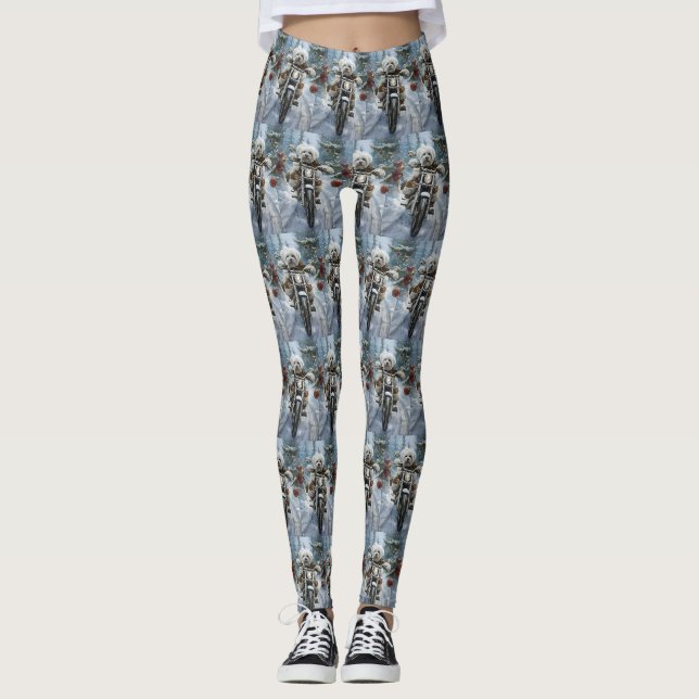 Coton De Tulear Dog Riding Motorrad Weihnachten Leggings (Vorderseite)