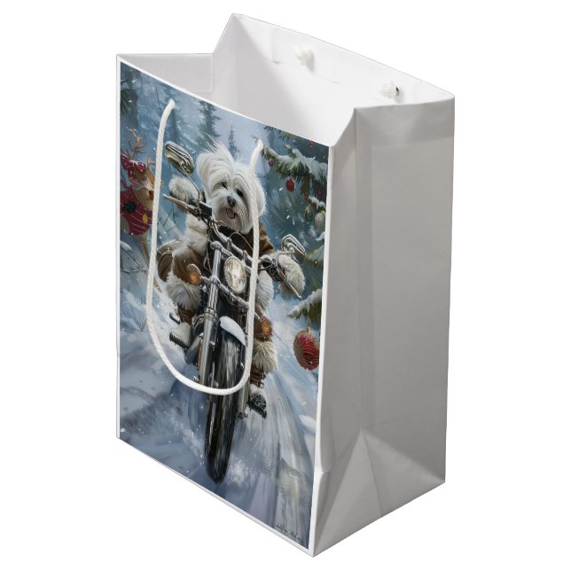 Coton De Tulear Dog Riding Motorrad Weihnachten Mittlere Geschenktüte (Vorderseite Schrägansicht)